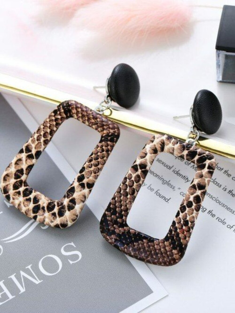 Briella Style Brown Snake Skin Pattern Open Square Dangle Earrings Gift Packaged